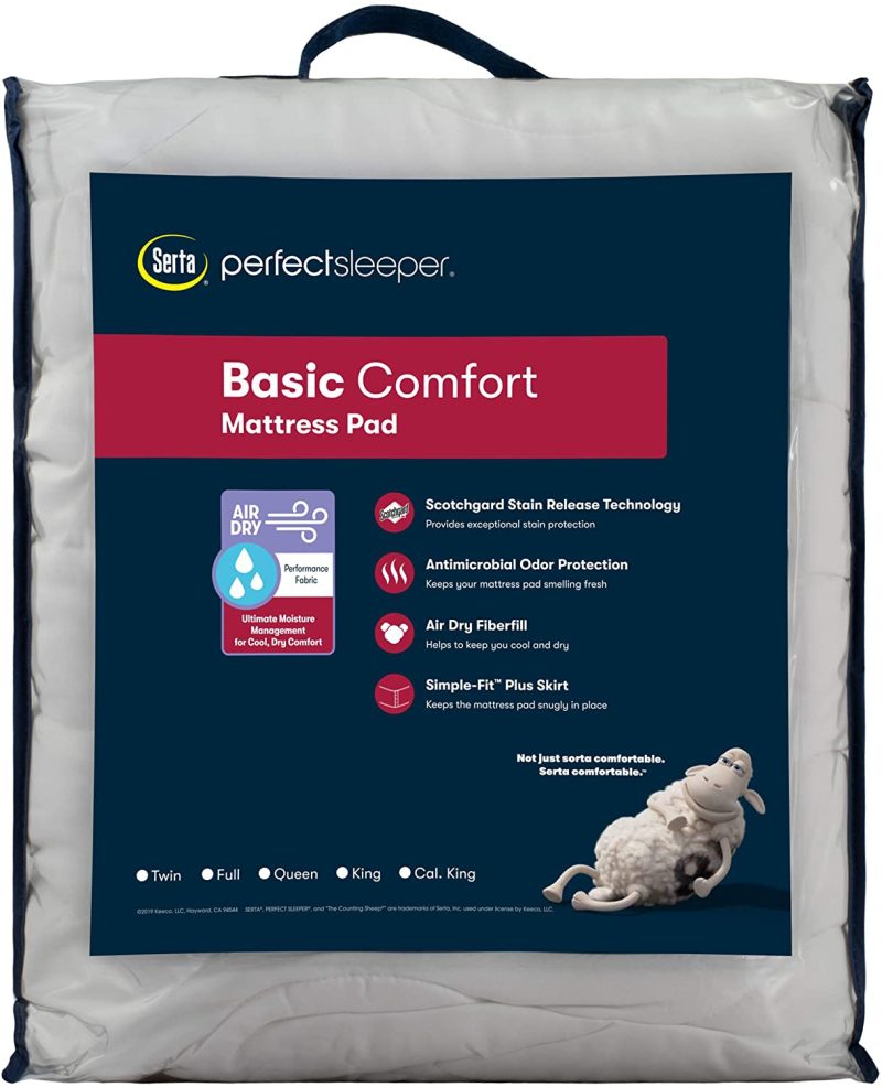 Bedding |  Serta Perfect Sleeper Basic Comfort Mattress Pad, Air Dry Moisture Wicking, Microfiber Fill, Scotchgard Stain Release, Antimicrobial Odor Protection, Cooling, Full, White Bedding Bedding