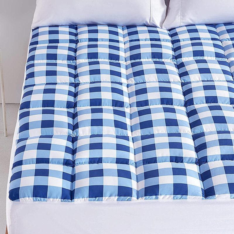 Bedding |  Sleep Zone Quilted Mattress Pad Cover Printed Geometric Grid Topper Overfilled Fluffy Soft Pillow Top Down Alternative Fill Fits Up To 21 Inch Deep Pocket, Blue, King Bedding Bedding