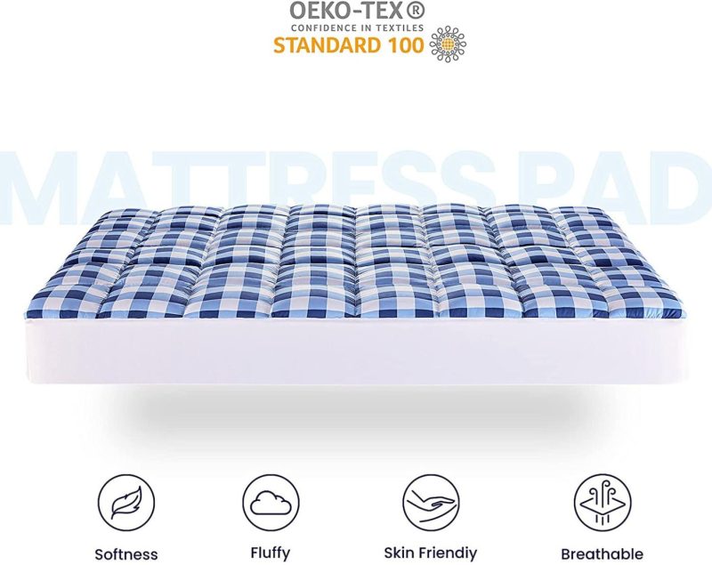 Bedding |  Sleep Zone Quilted Mattress Pad Cover Printed Geometric Grid Topper Overfilled Fluffy Soft Pillow Top Down Alternative Fill Fits Up To 21 Inch Deep Pocket, Blue, King Bedding Bedding