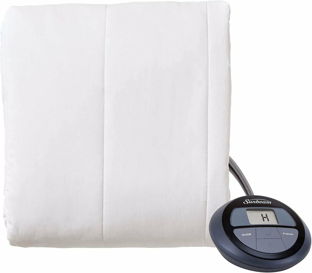 Bedding |  Sunbeam Vertical Quilt Heated Mattress Pad With Digital Lcd Display Remote Controller, Auto-Shutoff, And Washable Thermofine Wiring, Full Size, White Bedding Bedding