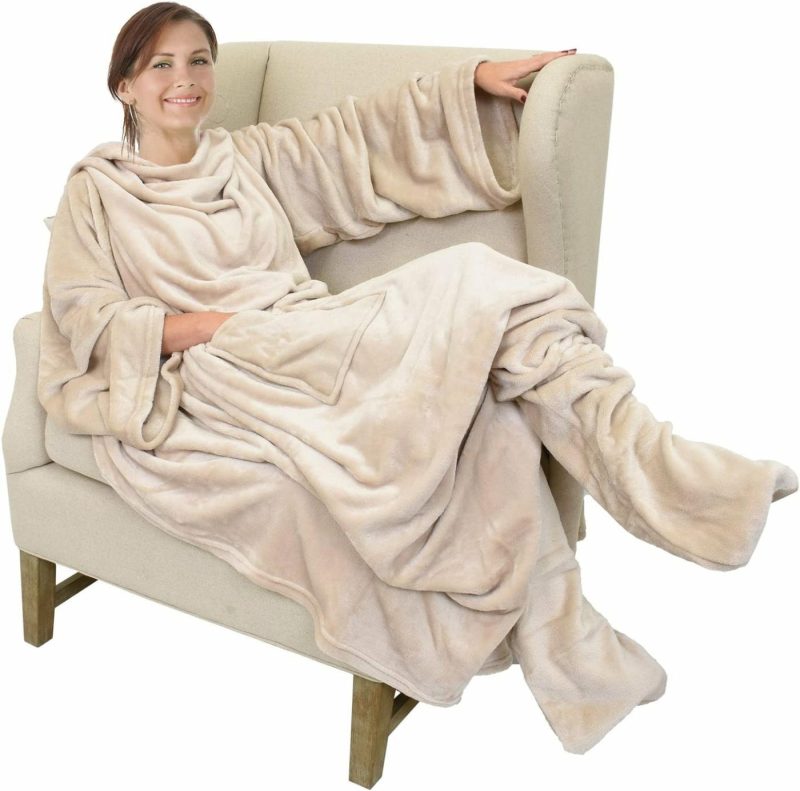 Bedding |  Wearable Fleece/Sherpa Blanket With Sleeves And Foot Pockets For Adult Men, Micro Plush Comfy Wrap Sleeved Throw Blanket Robe Large Bedding Bedding