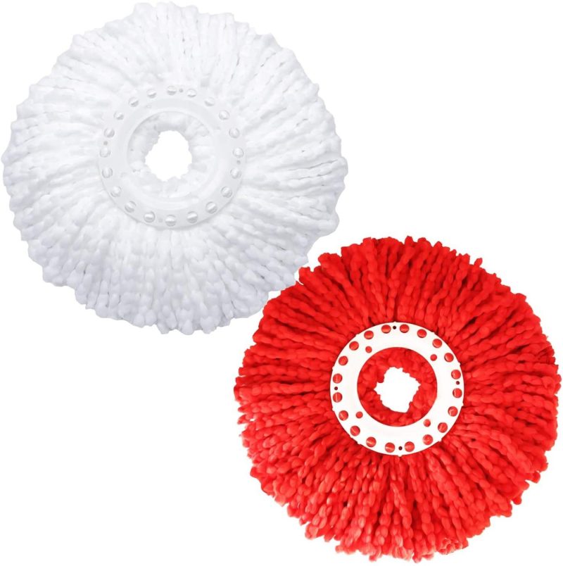 Cleaning Supplies |  2 Pack Mop Heads Replacements Microfiber Spin Mop Replacement Head Original Thick Fluffy For 360 Spinning Mop Refills, Universal Standard Round 6.3 Inch Size, White And Red Cleaning Supplies Cleaning Supplies