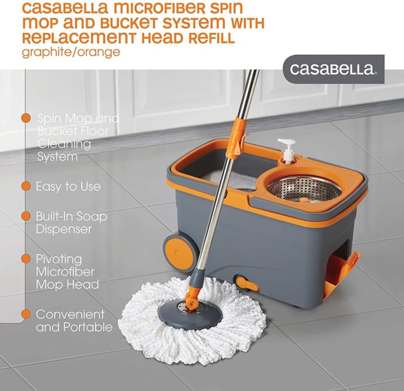 Cleaning Supplies |  Casabella Microfiber Spin Mop And Bucket System With Replacement Head Refill, Graphite/Orange Cleaning Supplies Casabella