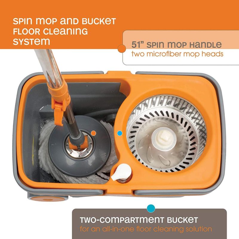 Cleaning Supplies |  Casabella Microfiber Spin Mop And Bucket System With Replacement Head Refill, Graphite/Orange Cleaning Supplies Casabella