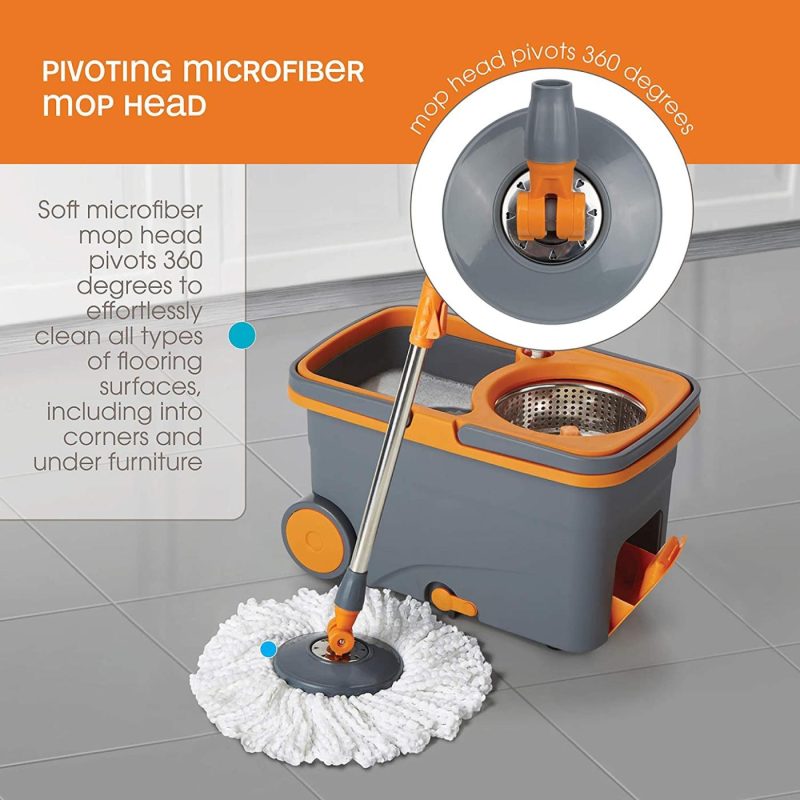 Cleaning Supplies |  Casabella Microfiber Spin Mop And Bucket System With Replacement Head Refill, Graphite/Orange Cleaning Supplies Casabella