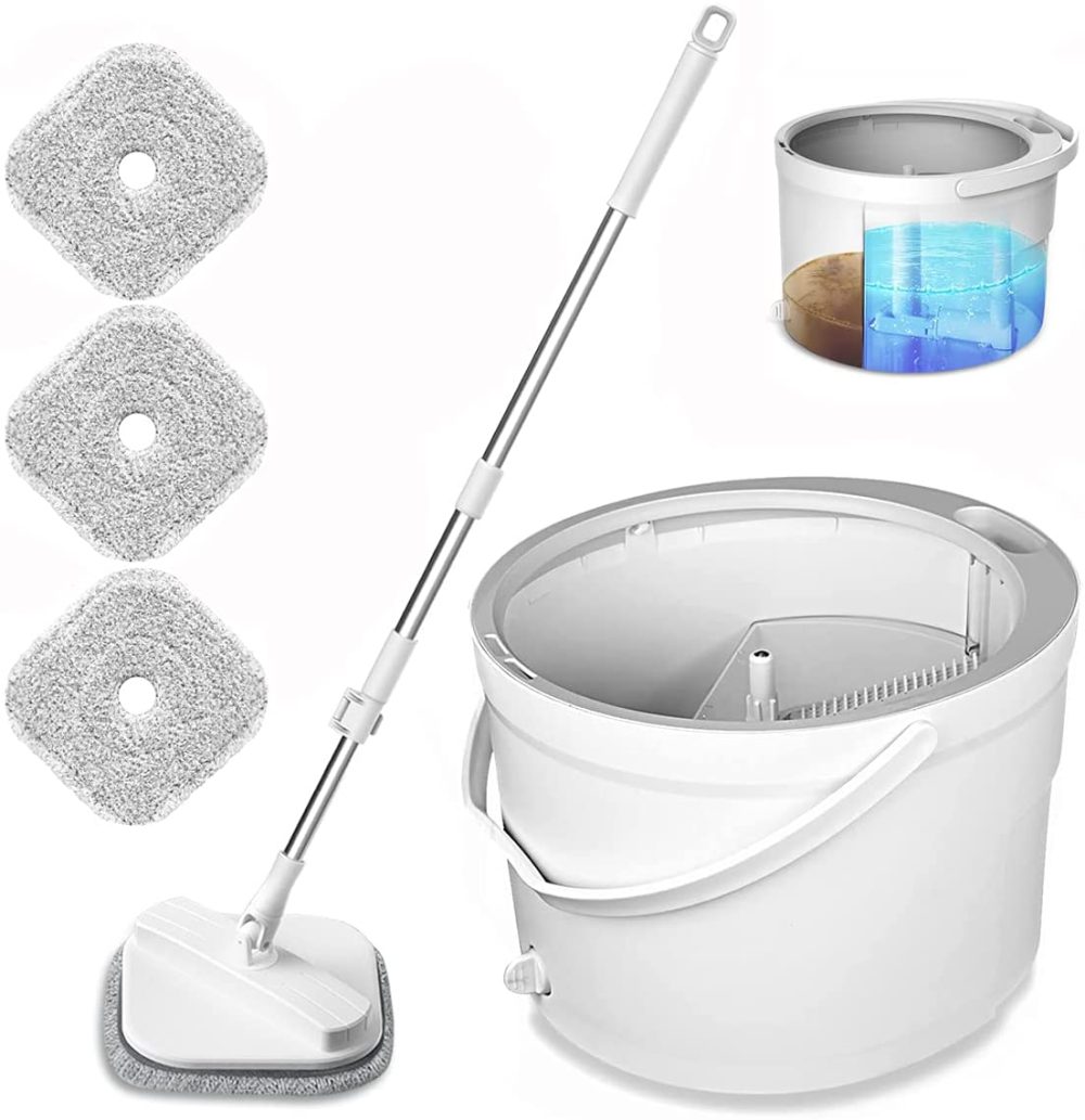 Cleaning Supplies |  Dinoka Spin Mop And Bucket With Separate Clean/Dirty Double Water Storage Areas Hands Free Microfiber Spin Mop Dry Wet Self Wringing, Adjustable Stainless Steel Handle, 4 Microfiber Pads Cleaning Supplies Cleaning Supplies