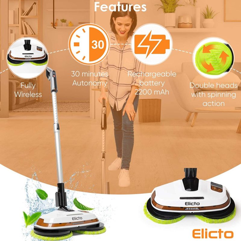 Cleaning Supplies |  Elicto [2021 Update] Electronic Dual Spin Mop And Polisher, Water Spray, Adjustable Height, Led Lights, Reusable Microfiber Pads For All Hard Surfaces New Improvements For 2021 Cleaning Supplies Cleaning Supplies