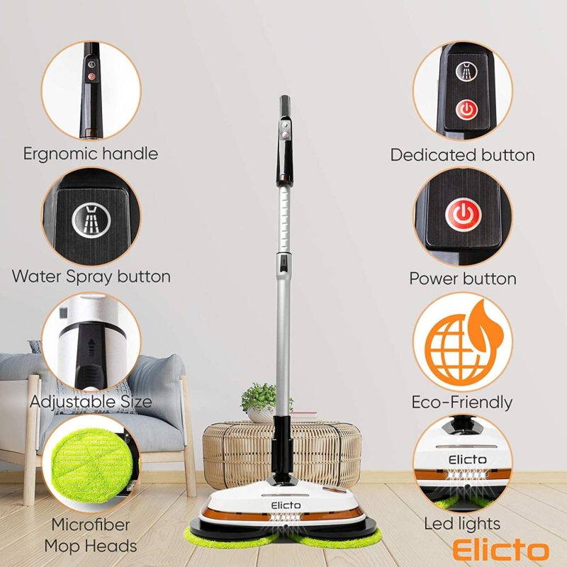 Cleaning Supplies |  Elicto [2021 Update] Electronic Dual Spin Mop And Polisher, Water Spray, Adjustable Height, Led Lights, Reusable Microfiber Pads For All Hard Surfaces New Improvements For 2021 Cleaning Supplies Cleaning Supplies