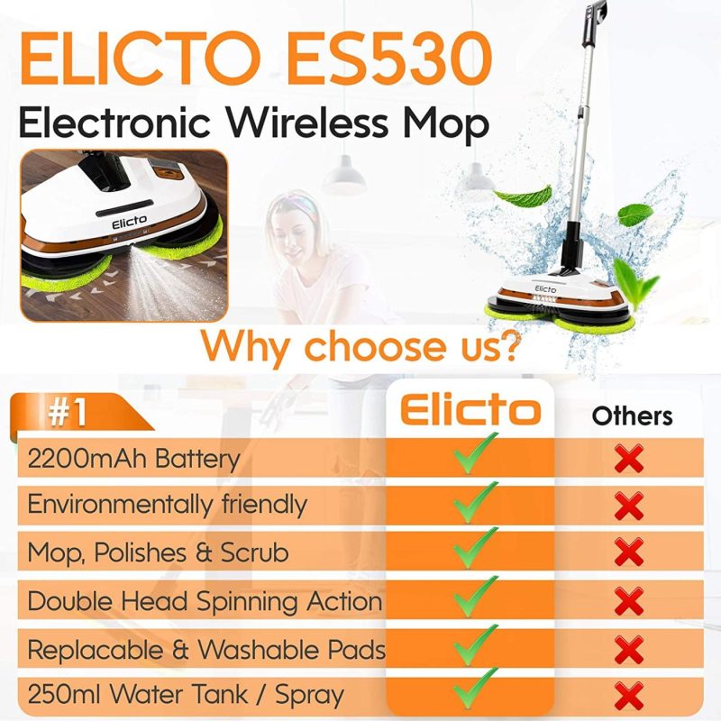 Cleaning Supplies |  Elicto [2021 Update] Electronic Dual Spin Mop And Polisher, Water Spray, Adjustable Height, Led Lights, Reusable Microfiber Pads For All Hard Surfaces New Improvements For 2021 Cleaning Supplies Cleaning Supplies