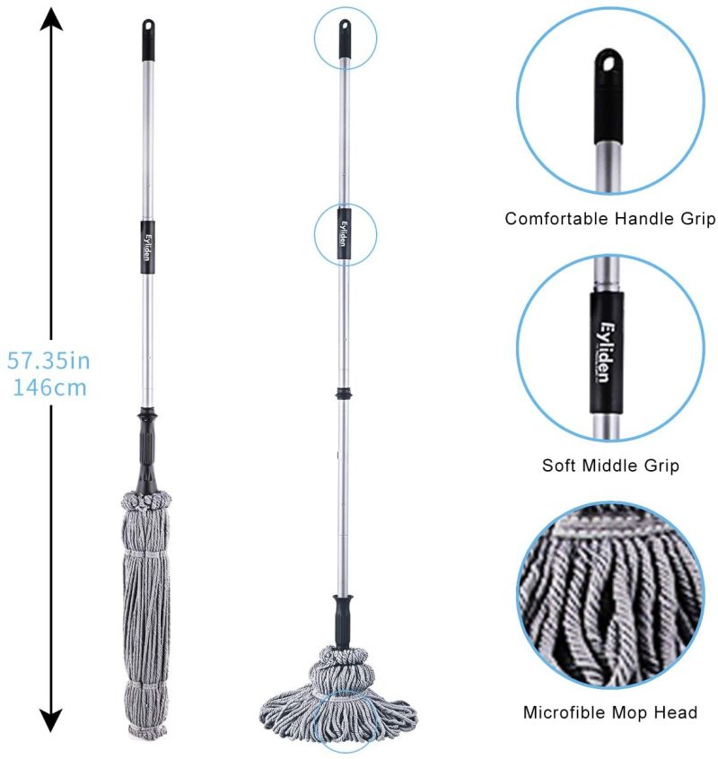 Cleaning Supplies |  Eyliden Twist Mop & Refills Kit – Hand Release – Dry & Wet Mops For Hardwood, Tile Floor Cleaning – Easy To Wring, Include 2 Replacement Heads, 57.7Inch Long Handle, Top Scouring Pad (Grey) Cleaning Supplies Cleaning Supplies