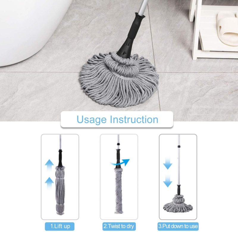 Cleaning Supplies |  Eyliden Twist Mop & Refills Kit – Hand Release – Dry & Wet Mops For Hardwood, Tile Floor Cleaning – Easy To Wring, Include 2 Replacement Heads, 57.7Inch Long Handle, Top Scouring Pad (Grey) Cleaning Supplies Cleaning Supplies