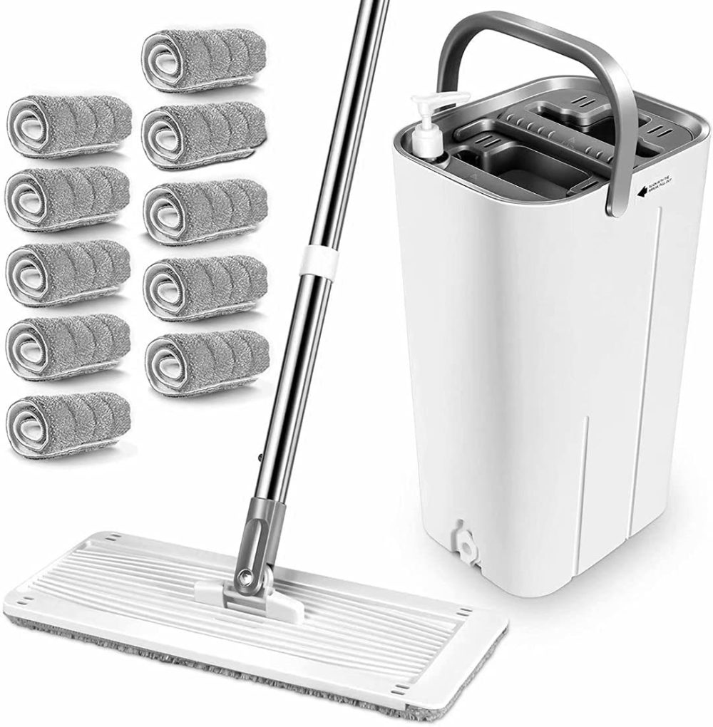 Cleaning Supplies |  Mastertop Mop And Bucket System – Flat Mop And Bucket With Wringer Set, Mops For Floor Cleaning, Hardwood, Laminate, Tiles, Stainless Steel Handle, 10 Reusable Microfiber Mop Pads Cleaning Supplies Cleaning Supplies