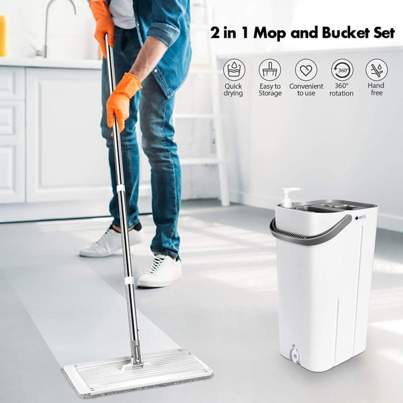 Cleaning Supplies |  Mastertop Mop And Bucket System – Flat Mop And Bucket With Wringer Set, Mops For Floor Cleaning, Hardwood, Laminate, Tiles, Stainless Steel Handle, 10 Reusable Microfiber Mop Pads Cleaning Supplies Cleaning Supplies