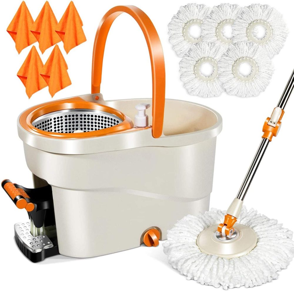 Cleaning Supplies |  Mastertop Spin Mop And Bucket With Wringer Set, Floor Cleaning System, Easy Wring Foot Pedal, Stainless Steel Mop Handle, 5 Microfiber Refills, 5 Cleaning Clothes, Hardwood Laminate Tiles Cleaning Supplies Cleaning Supplies