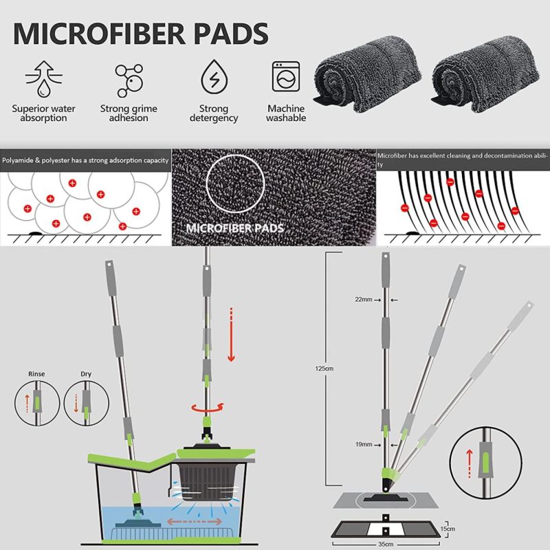 Cleaning Supplies |  Microfiber 360° Spin Flat Mop Bucket Adjustable Handle Floor Cleaning System With Press Cleaning And Spin-Dry Two Devices Cleaning Supplies Cleaning Supplies