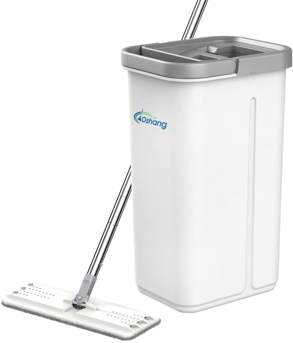 Cleaning Supplies |  Oshang Flat Floor Mop And Bucket Set For Floor Cleaning, Hands Free Squeeze Mop For Hardwood,Laminate Floor. Stainless-Steel Handle, 2 Washable & Reusable Microfiber Mop Heads Cleaning Supplies Cleaning Supplies