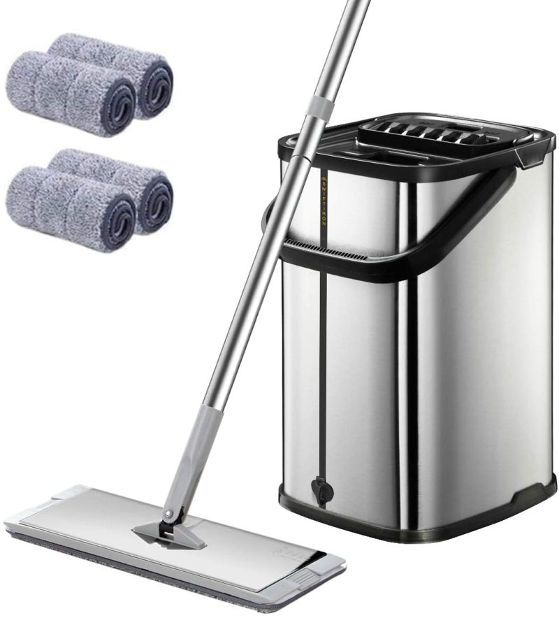 Cleaning Supplies |  Silver Squeeze Flat Floor Mop And Bucket Set, Stainless Steel Handle Adjustable, 4 Washable & Reusable Microfiber Mop Pads, Professional Commercial Home Mops For Floor Cleaning Cleaning Supplies Cleaning Supplies