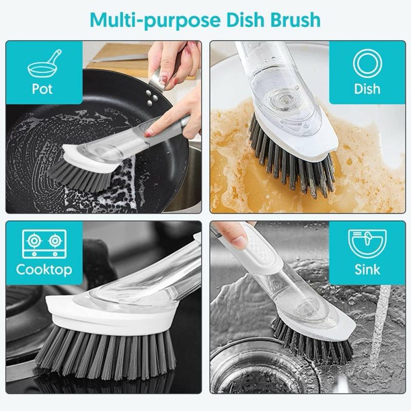 Cleaning Supplies |  Soap Dispensing Dish Brush Set Kitchen Scrub Brush With Stand 3 Brush Replacement Heads Cleaning Supplies Cleaning Supplies