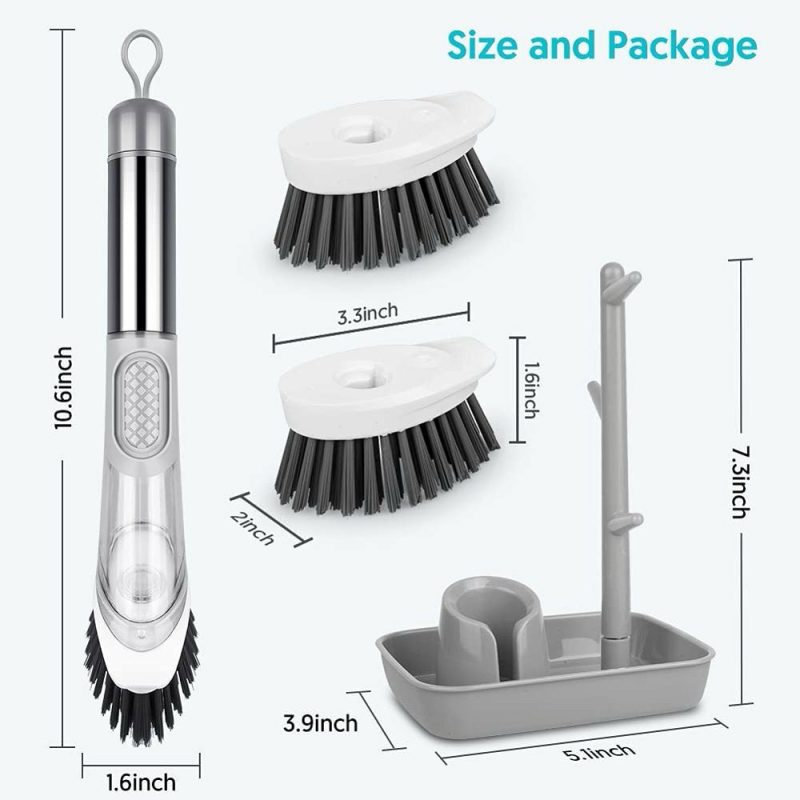 Cleaning Supplies |  Soap Dispensing Dish Brush Set Kitchen Scrub Brush With Stand 3 Brush Replacement Heads Cleaning Supplies Cleaning Supplies