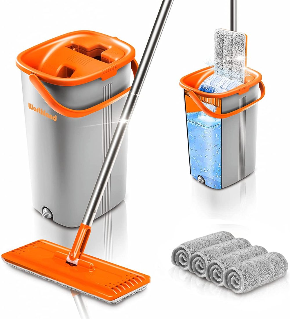 Cleaning Supplies |  Worthland Flat Floor Mop And Bucket Set With Hands Free Squeeze Mop For Home Floor Cleaning, Telescopic Stainless Steel Handle With 4 Washable And Reusable Microfiber Pads Cleaning Supplies Cleaning Supplies