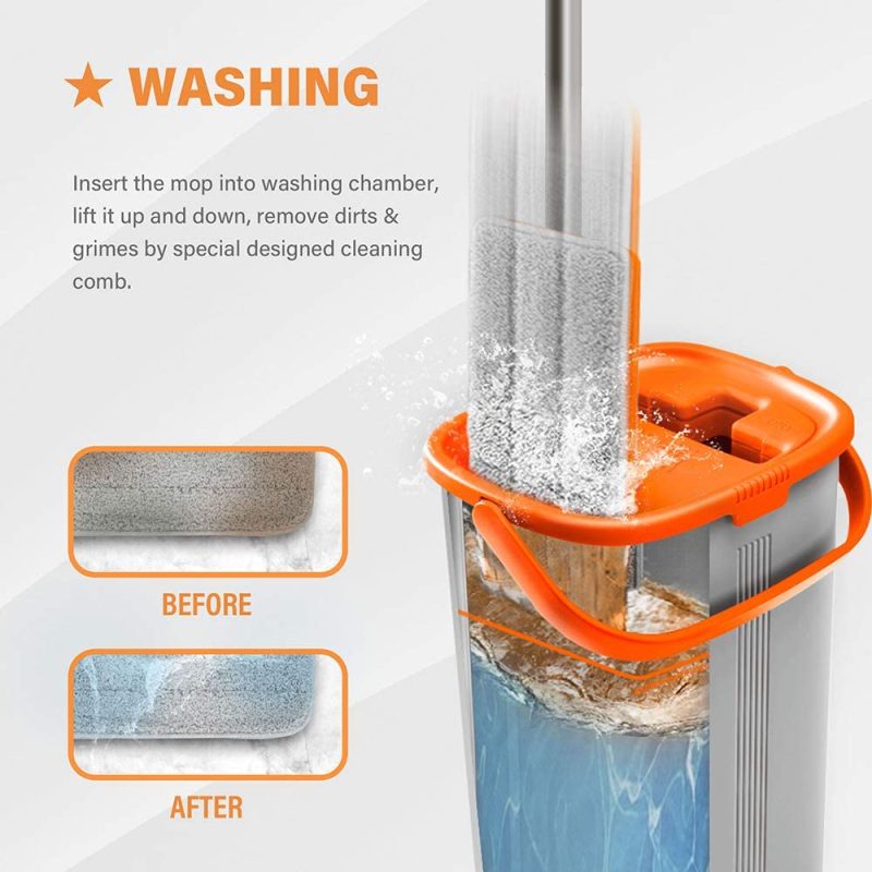 Cleaning Supplies |  Worthland Flat Floor Mop And Bucket Set With Hands Free Squeeze Mop For Home Floor Cleaning, Telescopic Stainless Steel Handle With 4 Washable And Reusable Microfiber Pads Cleaning Supplies Cleaning Supplies