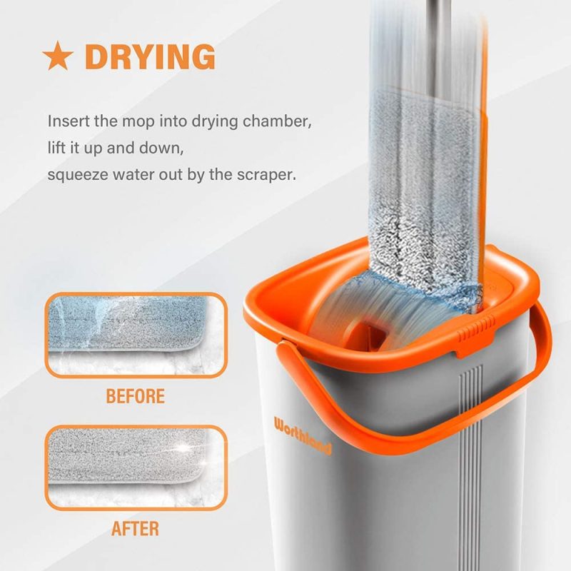 Cleaning Supplies |  Worthland Flat Floor Mop And Bucket Set With Hands Free Squeeze Mop For Home Floor Cleaning, Telescopic Stainless Steel Handle With 4 Washable And Reusable Microfiber Pads Cleaning Supplies Cleaning Supplies