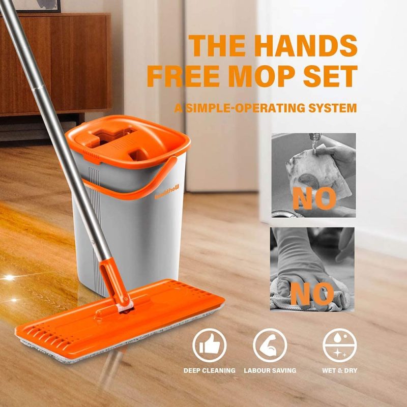 Cleaning Supplies |  Worthland Flat Floor Mop And Bucket Set With Hands Free Squeeze Mop For Home Floor Cleaning, Telescopic Stainless Steel Handle With 4 Washable And Reusable Microfiber Pads Cleaning Supplies Cleaning Supplies