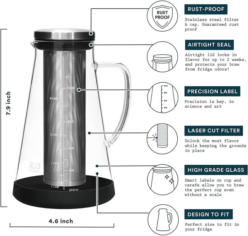 Coffee, Tea & Espresso Appliances |  Airtight Cold Brew Iced Coffee Maker And Tea Infuser With Spout – 1.0L / 34Oz Ovalware Rj3 Brewing Glass Carafe With Removable Stainless Steel Filter Coffee, Tea & Espresso Appliances Coffee, Tea & Espresso Appliances