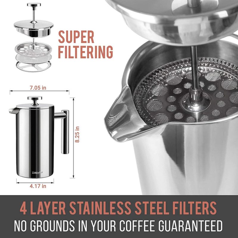 Coffee, Tea & Espresso Appliances |  Mueller French Press Double Insulated 304 Stainless Steel Coffee Maker 4 Level Filtration System, No Coffee Grounds, Rust-Free, Dishwasher Safe Coffee, Tea & Espresso Appliances Coffee, Tea & Espresso Appliances