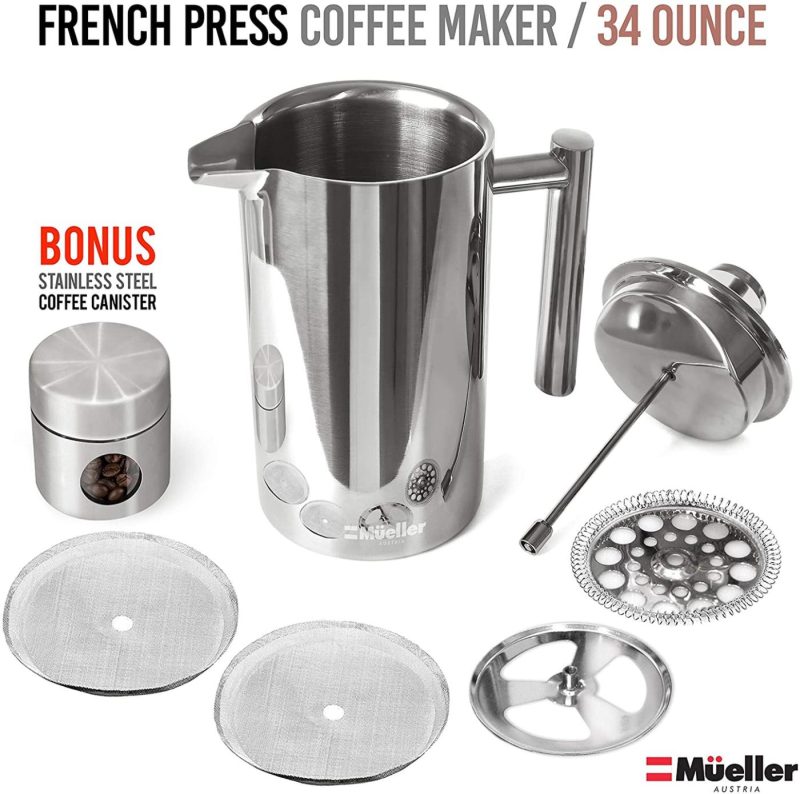 Coffee, Tea & Espresso Appliances |  Mueller French Press Double Insulated 304 Stainless Steel Coffee Maker 4 Level Filtration System, No Coffee Grounds, Rust-Free, Dishwasher Safe Coffee, Tea & Espresso Appliances Coffee, Tea & Espresso Appliances