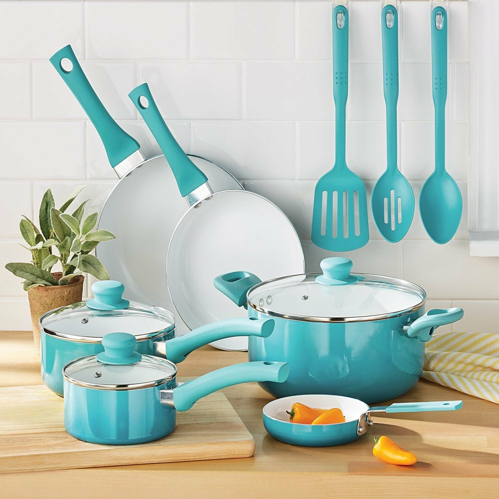 Cookware |  12 Piece Ceramic Nonstick Cookware Set, Teal Ombre Cookware Cookware