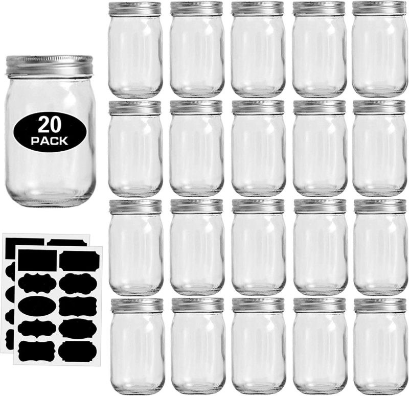 Cookware |  12Oz Glass Jars With Lids Regular Mouth 20 Pack -Mason Jars 12 Oz For Crafts, Meal Prep, Canning Jars For Food Storage Frascos De Vidrio Con Tapa Para Conservas-With 20 Chalkboard Stickers-Silver Lid Cookware Cookware