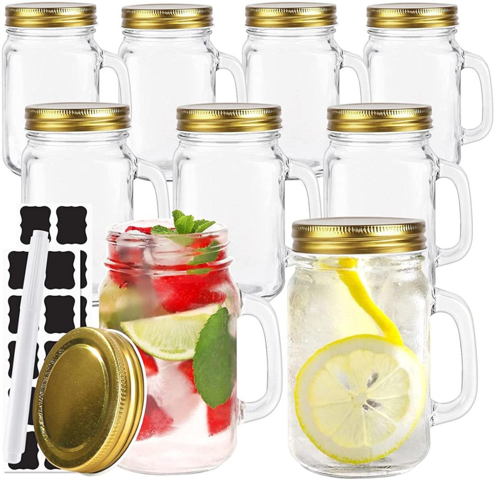 Cookware |  16 Oz Glass Mason Jars With Handle, 500 Ml Drinking Mugs With Regular Mouth Lids,Set Of 9, Perfect Drinking Jars For Jam, Honey, Tea, Juice, Milk. Included 1 Pens And 20 Labels. Cookware Cookware