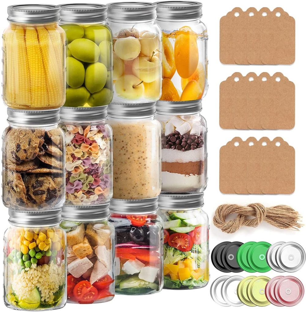 Cookware |  16 Oz Mason Jars, Budiwati 12 Packs Regular Mouth Glass Mason Jars With Airtight&Straw Lids Clear Canning Jar With Measurement Marks For Storing, Canning, Organizing -12 Pcs Labels And Hemp Rope Cookware Budiwati