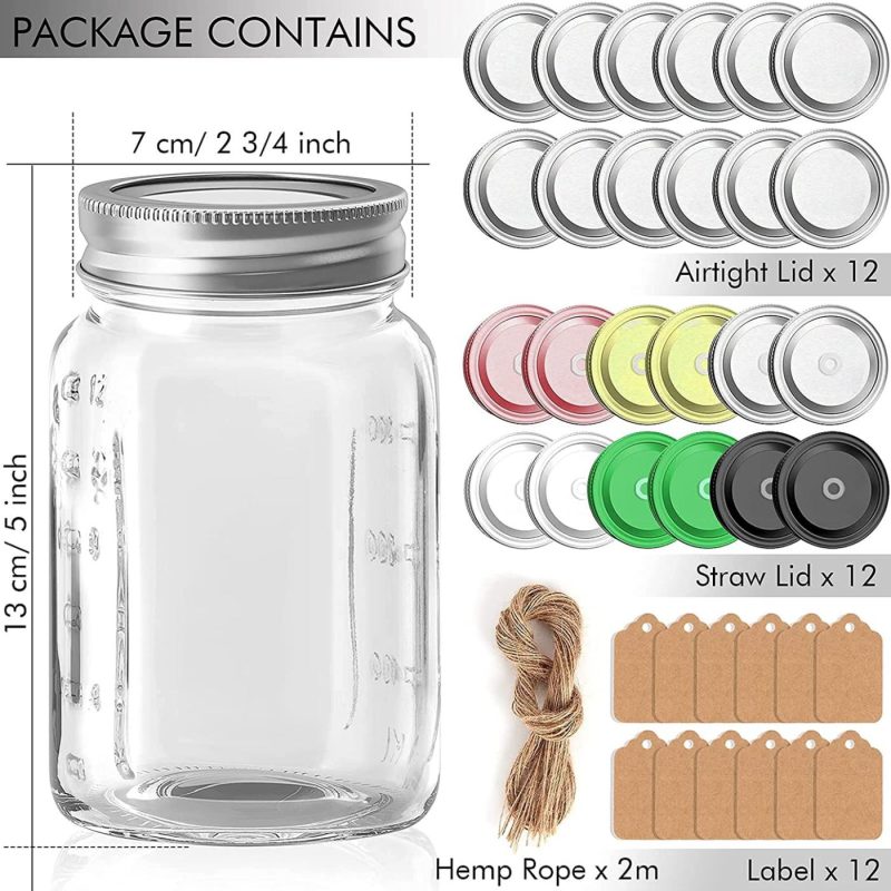 Cookware |  16 Oz Mason Jars, Budiwati 12 Packs Regular Mouth Glass Mason Jars With Airtight&Straw Lids Clear Canning Jar With Measurement Marks For Storing, Canning, Organizing -12 Pcs Labels And Hemp Rope Cookware Budiwati