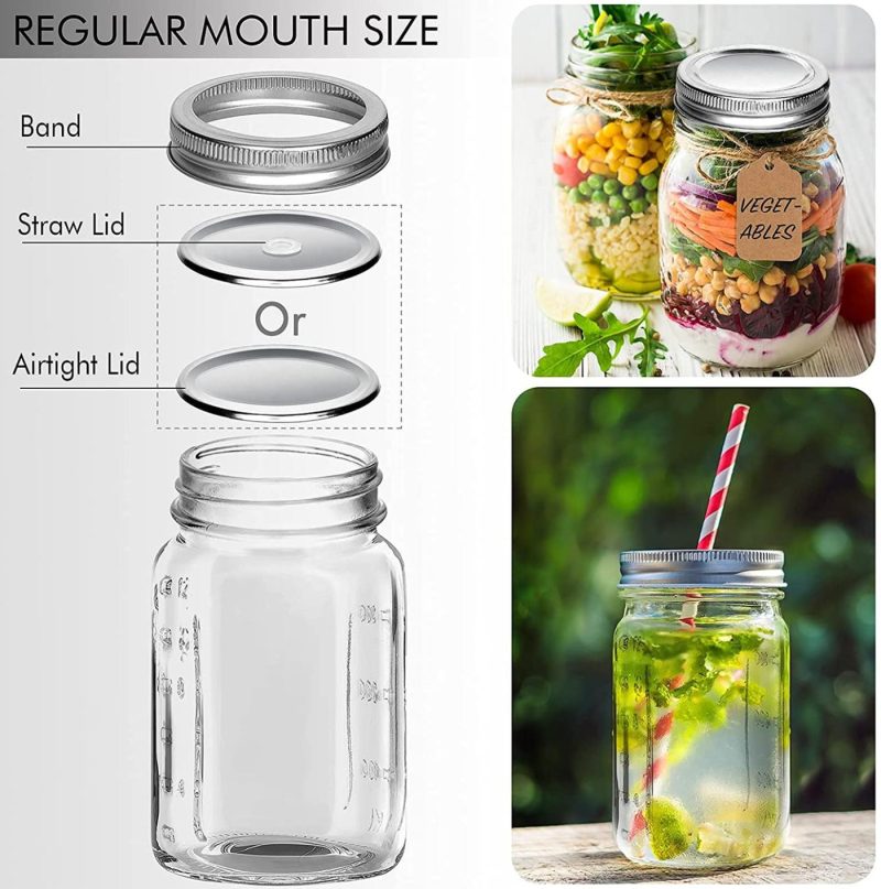 Cookware |  16 Oz Mason Jars, Budiwati 12 Packs Regular Mouth Glass Mason Jars With Airtight&Straw Lids Clear Canning Jar With Measurement Marks For Storing, Canning, Organizing -12 Pcs Labels And Hemp Rope Cookware Budiwati