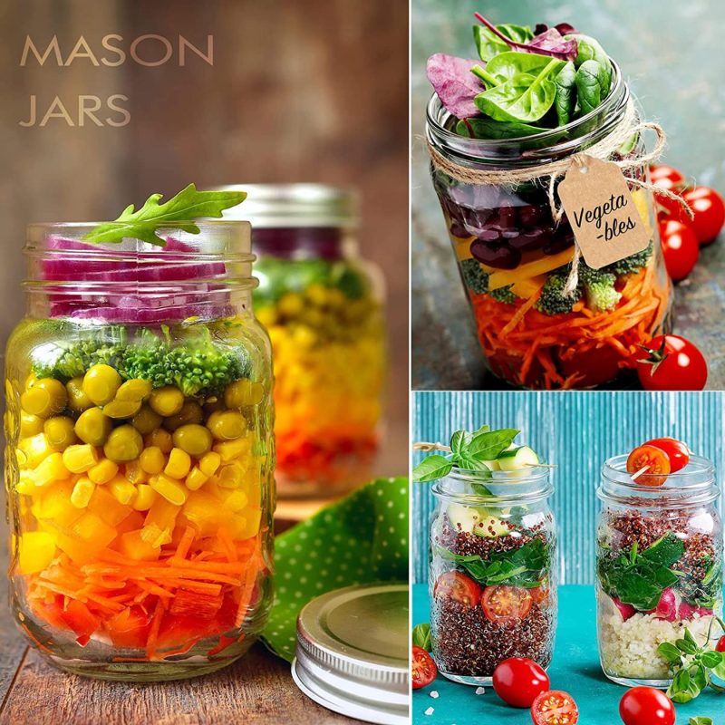 Cookware |  16 Oz Mason Jars, Budiwati 12 Packs Regular Mouth Glass Mason Jars With Airtight&Straw Lids Clear Canning Jar With Measurement Marks For Storing, Canning, Organizing -12 Pcs Labels And Hemp Rope Cookware Budiwati