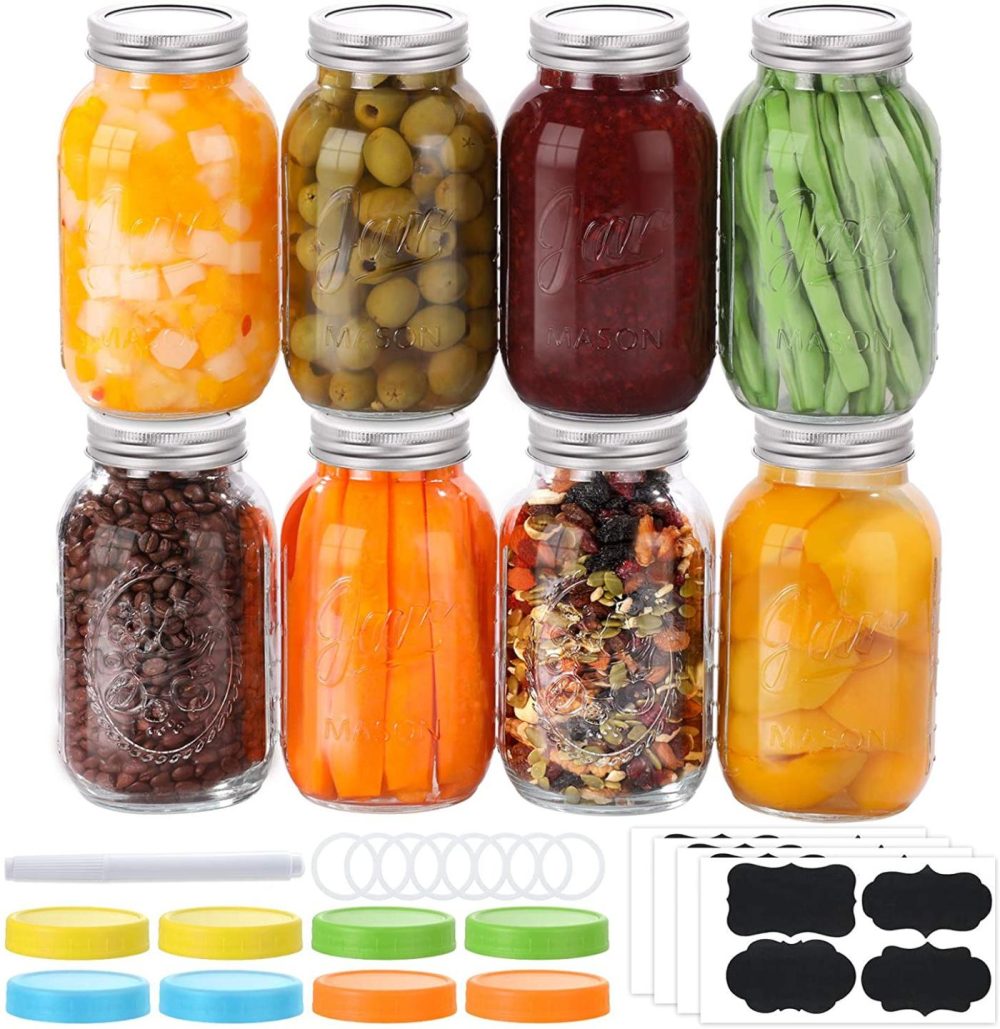 Cookware |  8 Pack Mason Jars 32 Oz, Large Regular Mouth Canning Jars With Metal Airtight Lids And Bands, Extra Leak-Proof Colored Lids, Chalkboard Labels, Marker, For Meal Prep, Food Storage, Canning, Preserving Cookware AOZITA