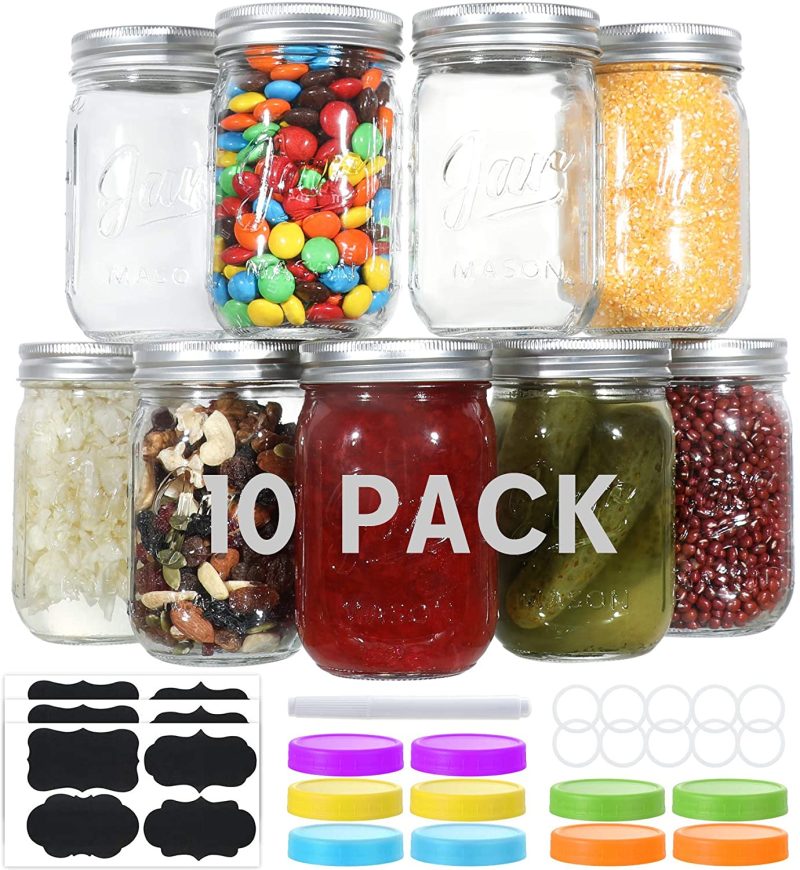 Cookware |  Aozita10 Pack Glass Mason Jars 12 Oz, Regular Mouth Canning Jars With Metal Airtight Lids, Leak-Proof Colored Lids, Chalkboard Labels, Marker, For Meal Prep, Food Storage, Canning, Preserving Cookware 10