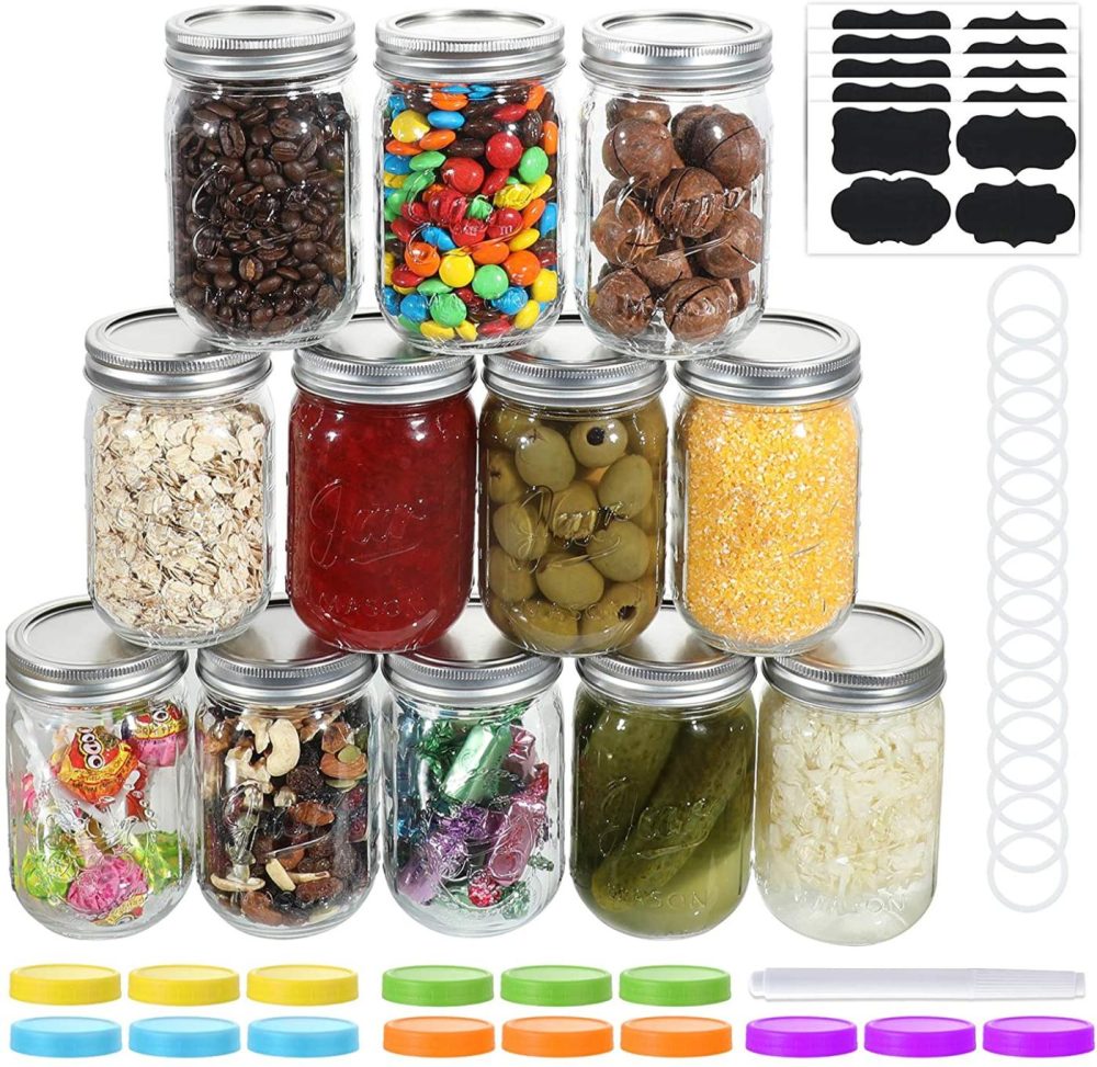 Cookware |  Aozita15 Pack Glass Mason Jars 12 Oz, Regular Mouth Canning Jars With Metal Airtight Lids, Leak-Proof Colored Lids, Chalkboard Labels, Marker, For Meal Prep, Food Storage, Canning, Preserving Cookware 15