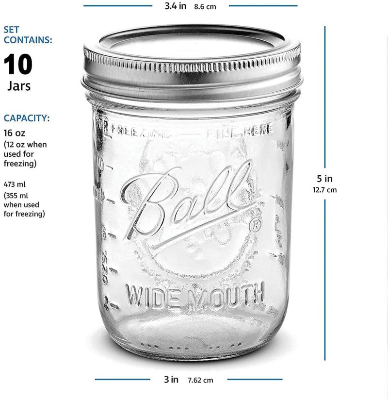 Cookware |  Ball Wide Mouth Mason Jars 16 Oz [10 Pack] With Mason Jar Lids And Bands, Ball Mason Jars 16 Oz – For Canning, Fermenting, Pickling – Jar Decor – Microwave/Freeze/Dishwasher Safe + Sewanta Jar Opener Cookware 10