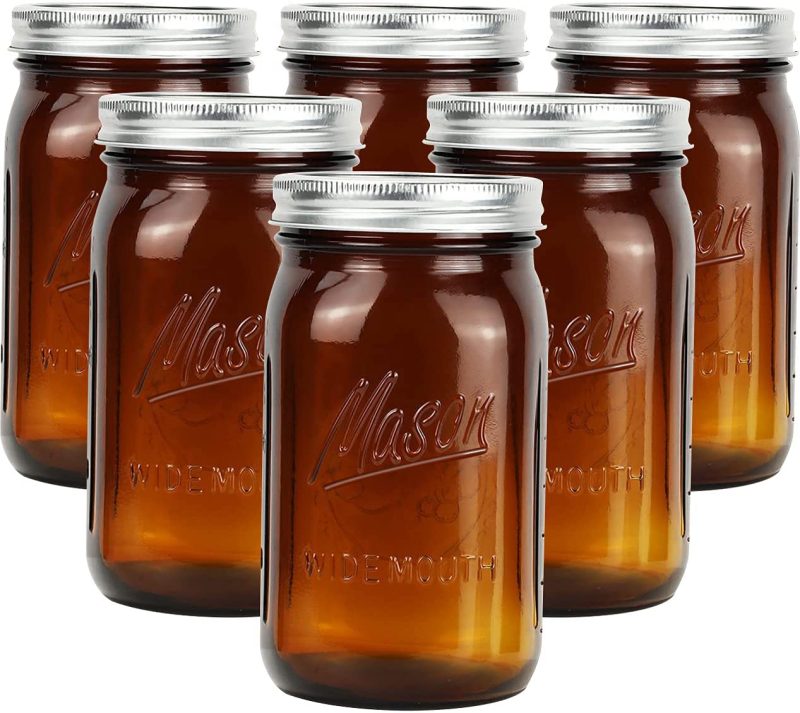 Cookware |  Bedoo Amber Glass Mason Jars 32 Oz Wide Mouth With Airtight Lids And Bands 6 Pack, Amber Clear Glass Canning Mason Jars, Quart Mason Jars (Set Of 6) (Wide Mouth) Cookware Bedoo