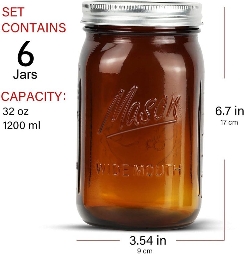 Cookware |  Bedoo Amber Glass Mason Jars 32 Oz Wide Mouth With Airtight Lids And Bands 6 Pack, Amber Clear Glass Canning Mason Jars, Quart Mason Jars (Set Of 6) (Wide Mouth) Cookware Bedoo