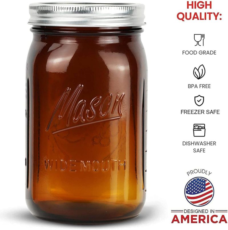 Cookware |  Bedoo Amber Glass Mason Jars 32 Oz Wide Mouth With Airtight Lids And Bands 6 Pack, Amber Clear Glass Canning Mason Jars, Quart Mason Jars (Set Of 6) (Wide Mouth) Cookware Bedoo