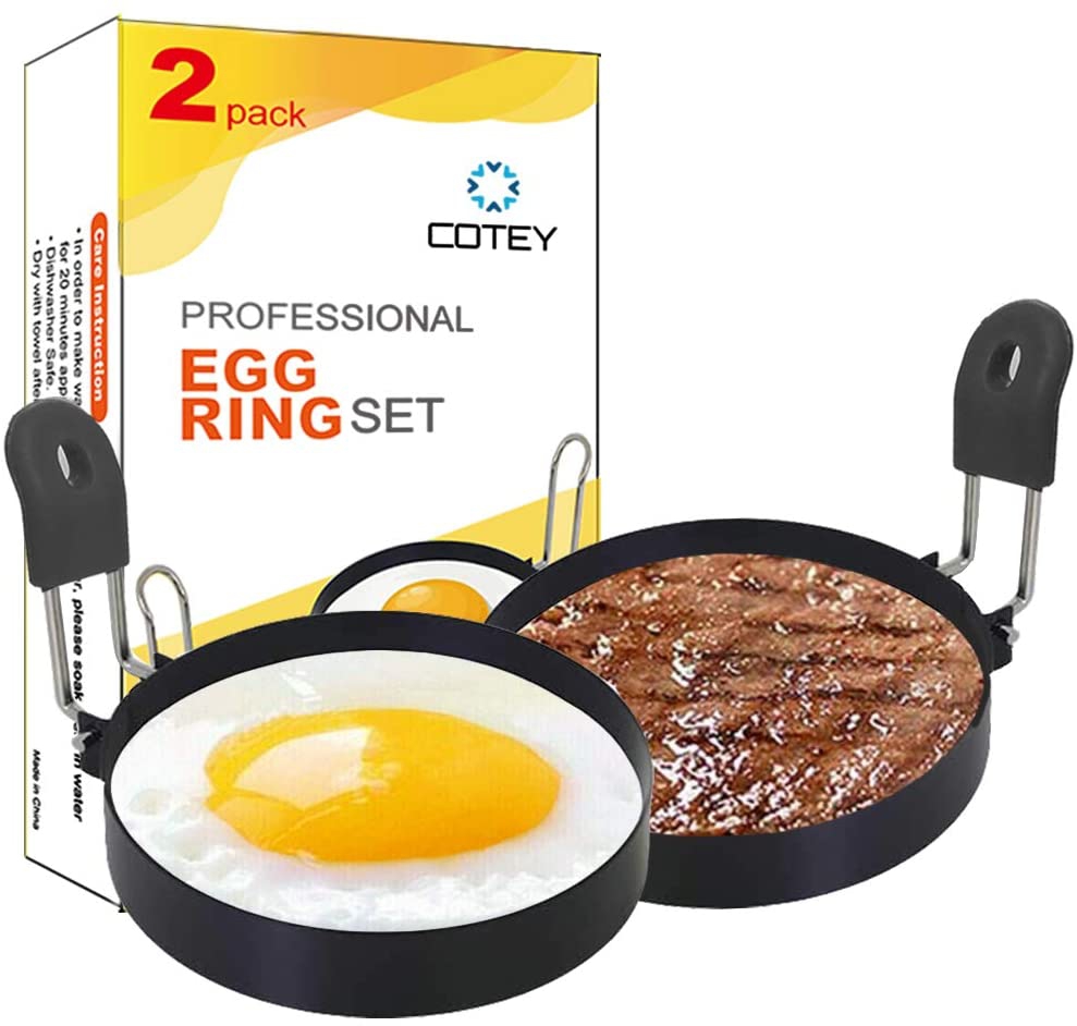 Cookware |  Cotey Large 3.5" Nonstick Egg Rings Set Of 2, Round Crumpet Ring Mold Shaper For English Muffins Pancake Cooking Griddle – Portable Grill Accessories For Camping Indoor Breakfast Sandwich Burger Cookware black