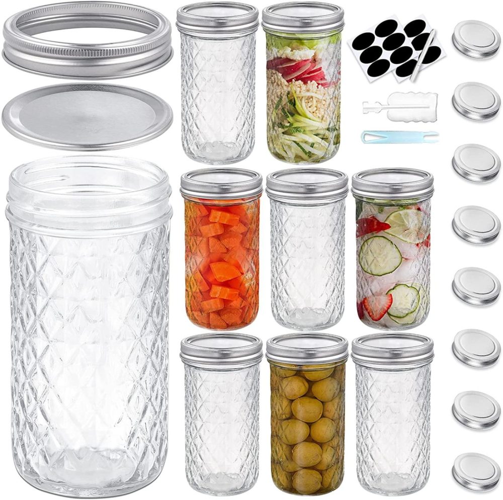 Cookware |  Foruisin 20 Oz (8-Set) Wide Mouth Large Mason Jars With Lids And Bands, Quilted Crystal Style Glass Canning Jars, Ideal Fruit & Vegetable Slices, Pickles, Tomato Based Juices & Sauces Cookware Cookware