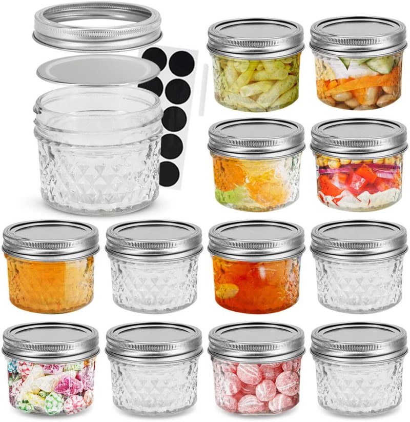 Cookware |  Fruiteam 4 Oz 12 Pack Mini Mason Jars With Lids And Bands, Quilted Crystal Jars Ideal For Food Storage, Jam, Body Butters, Jelly, Wedding Favors Cookware 12