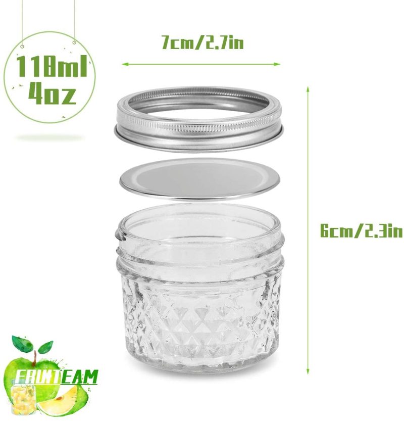 Cookware |  Fruiteam 4 Oz 12 Pack Mini Mason Jars With Lids And Bands, Quilted Crystal Jars Ideal For Food Storage, Jam, Body Butters, Jelly, Wedding Favors Cookware 12