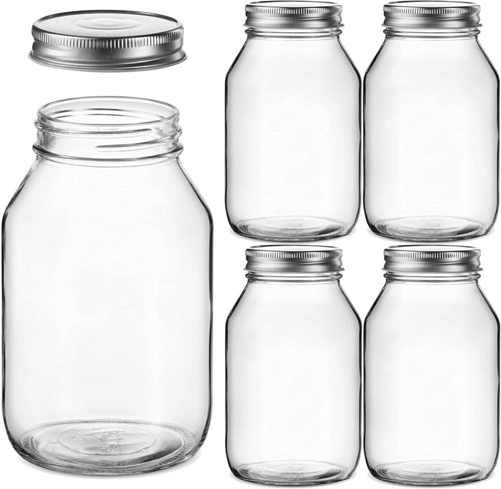 Cookware |  Glass Regular Mouth Mason Jars, Glass Jars With Silver Metal Airtight Lids For Meal Prep, Food Storage, Canning, Drinking, Overnight Oats, Jelly, Dry Food, Spices, Salads, Yogurt (5 Pack) (32 Ounce) Cookware Cookware