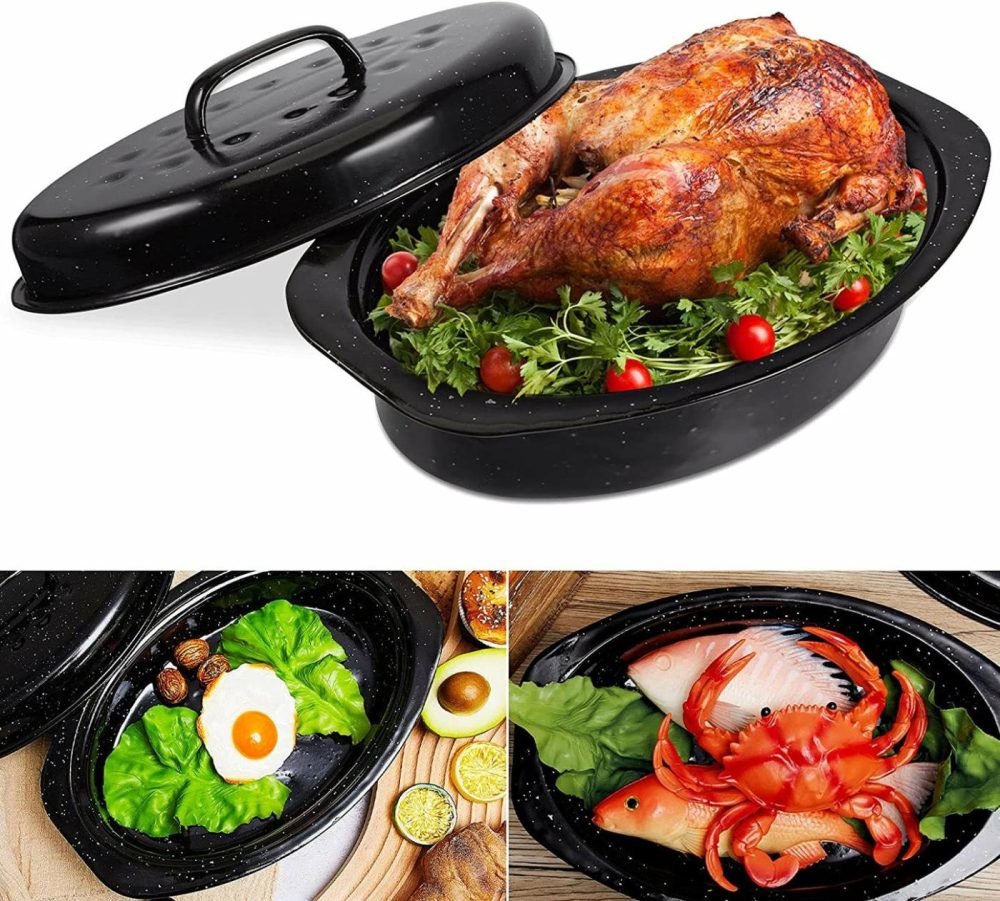 Cookware |  Granite Roaster Pan Thanksgiving 13 Inch Multi Use Oval Roaster With Lid Small Granite Roaster Pot For Turkey, Small Chicken, Roast Baking Pan, Black Speckled Enamel Cookware, Roast 7 Lb Birds Cookware Cookware